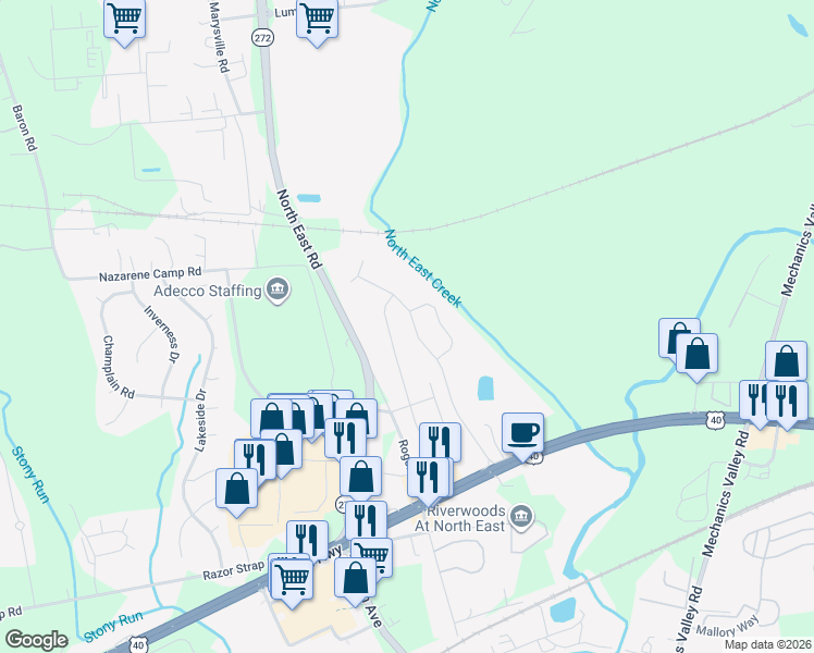 map of restaurants, bars, coffee shops, grocery stores, and more near 57 Sycamore Drive in North East