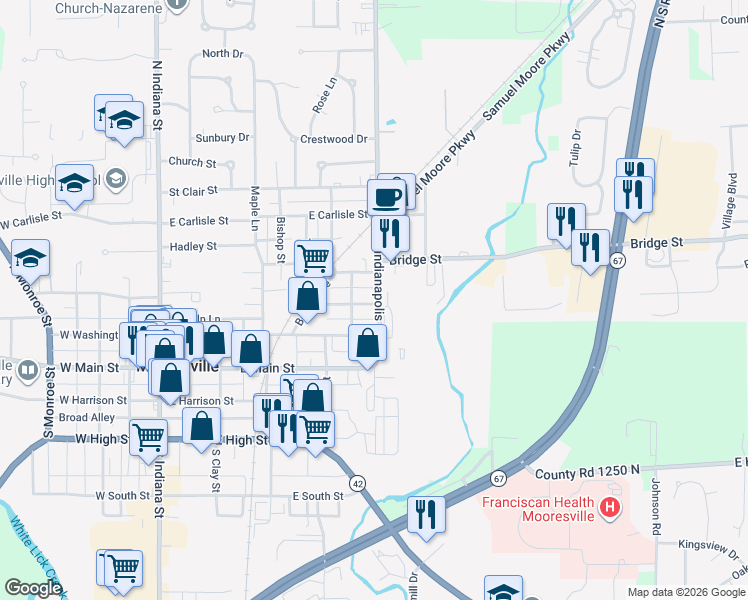 map of restaurants, bars, coffee shops, grocery stores, and more near 370 Northeast St in Mooresville