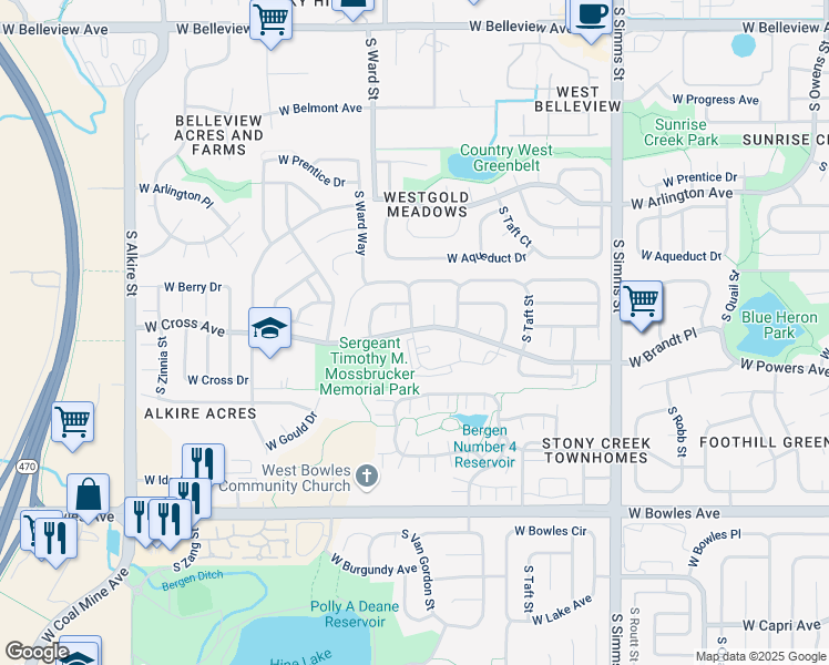 map of restaurants, bars, coffee shops, grocery stores, and more near 12062 West Cross Drive in Littleton