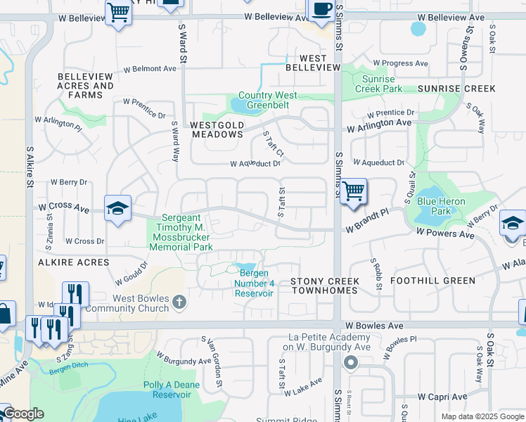 map of restaurants, bars, coffee shops, grocery stores, and more near 11926 West Brandt Place in Littleton