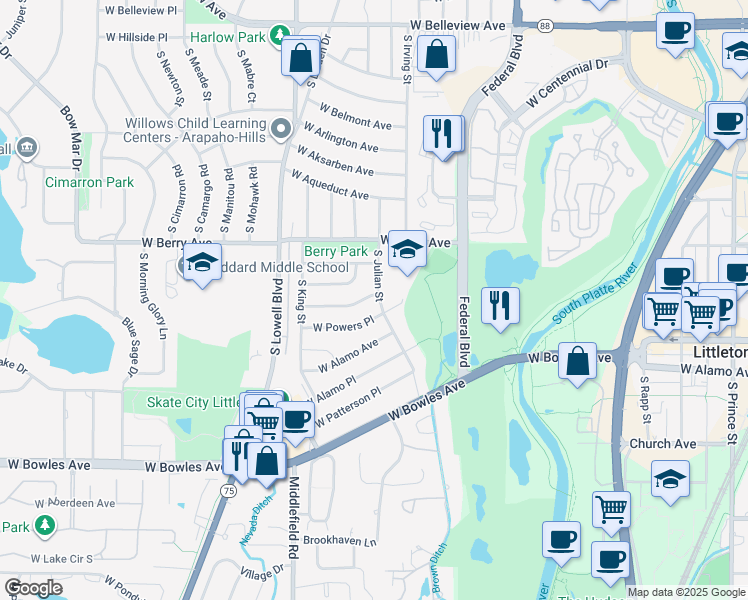 map of restaurants, bars, coffee shops, grocery stores, and more near 3404 West Powers Avenue in Littleton