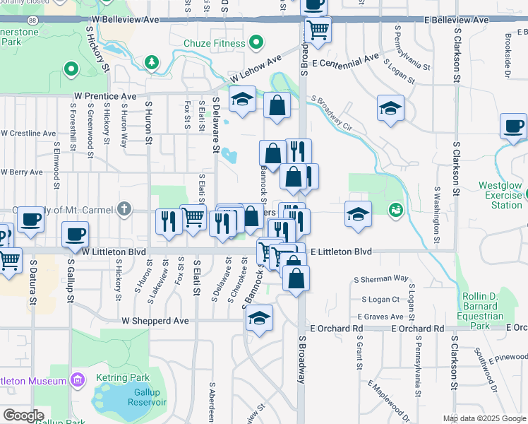 map of restaurants, bars, coffee shops, grocery stores, and more near S Bannock St & W Powers Ave in Littleton