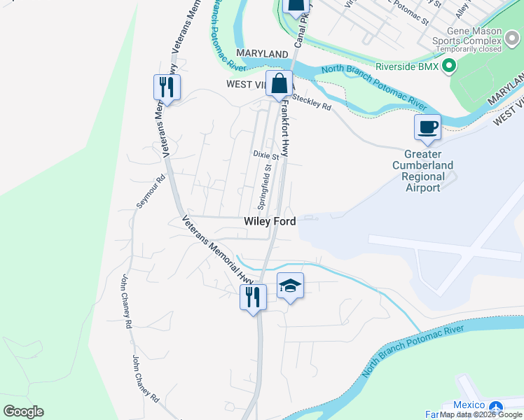map of restaurants, bars, coffee shops, grocery stores, and more near 231 Springfield Boulevard in Wiley Ford