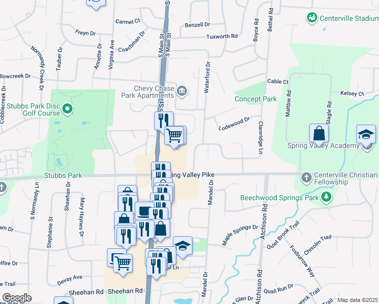 map of restaurants, bars, coffee shops, grocery stores, and more near 739 Clareridge Lane in Dayton