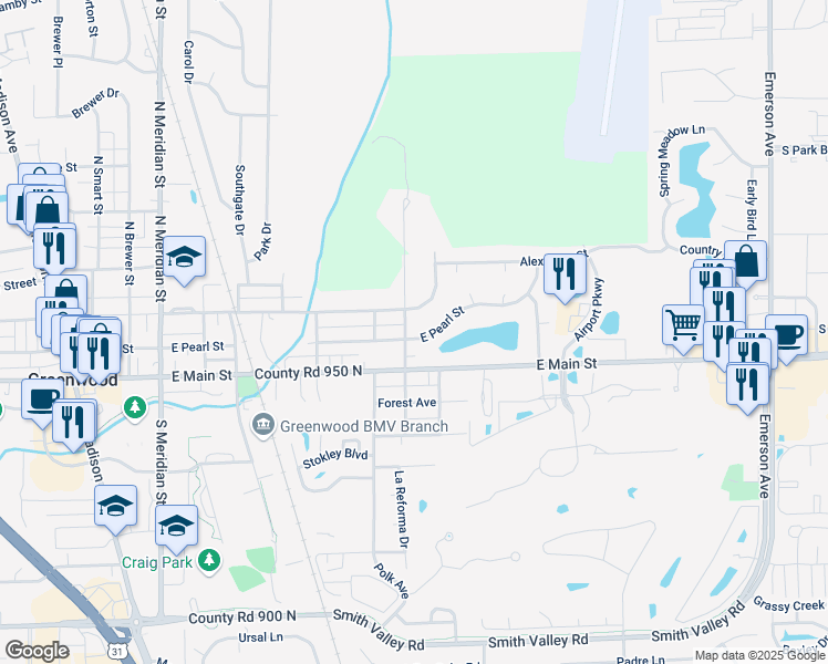 map of restaurants, bars, coffee shops, grocery stores, and more near 580 East Pearl Street in Greenwood