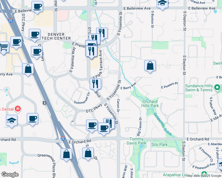 map of restaurants, bars, coffee shops, grocery stores, and more near 5655 South Yosemite Street in Greenwood Village
