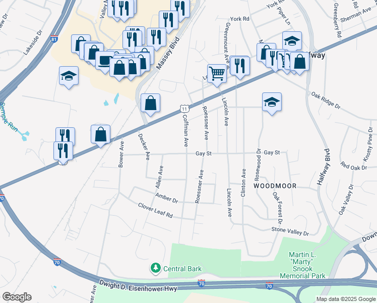 map of restaurants, bars, coffee shops, grocery stores, and more near 11001 Coffman Avenue in Hagerstown