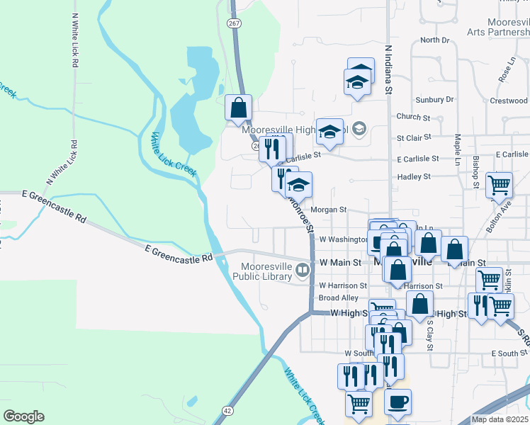 map of restaurants, bars, coffee shops, grocery stores, and more near 240 North Monroe Street in Mooresville