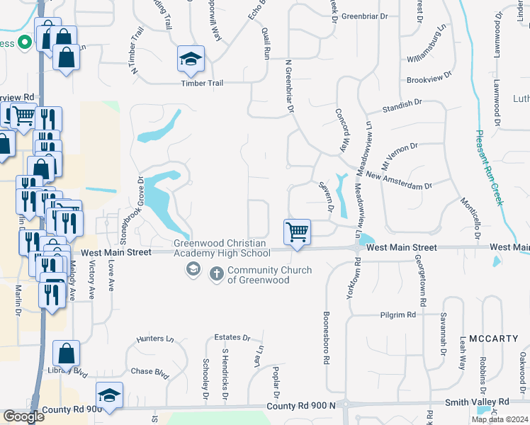 map of restaurants, bars, coffee shops, grocery stores, and more near 132 Westridge Place in Greenwood