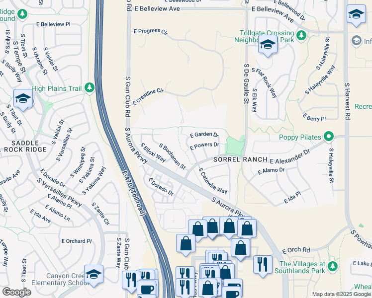 map of restaurants, bars, coffee shops, grocery stores, and more near 5581 South Catawba Way in Aurora