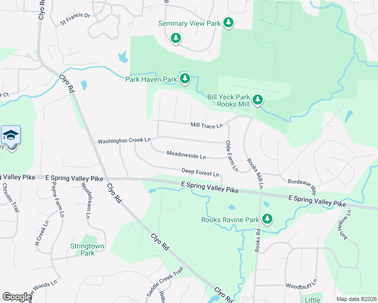 map of restaurants, bars, coffee shops, grocery stores, and more near 2041 Meadowside Lane in Dayton