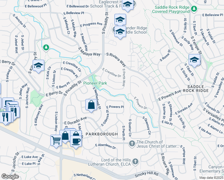 map of restaurants, bars, coffee shops, grocery stores, and more near 21520 East Crestridge Place in Centennial