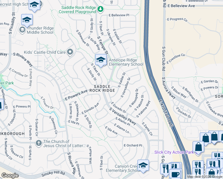 map of restaurants, bars, coffee shops, grocery stores, and more near 5532 South Valdai Way in Aurora