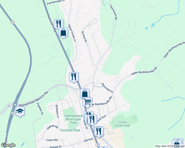 map of restaurants, bars, coffee shops, grocery stores, and more near 1434 Fairmount Road in Hampstead