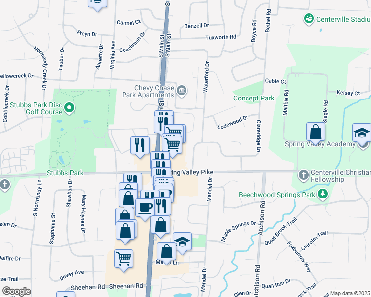 map of restaurants, bars, coffee shops, grocery stores, and more near 739 Clareridge Lane in Dayton