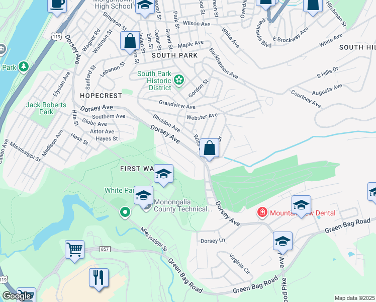 map of restaurants, bars, coffee shops, grocery stores, and more near 1088 Dorsey Avenue in Morgantown