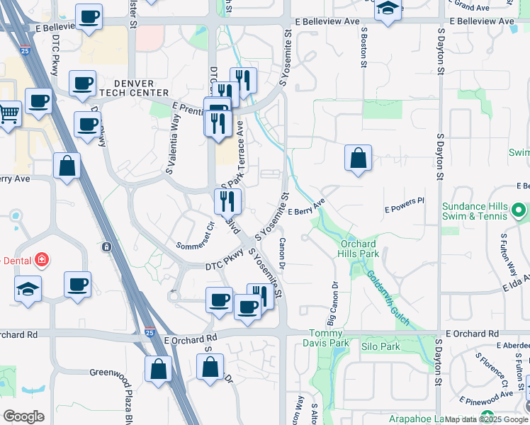 map of restaurants, bars, coffee shops, grocery stores, and more near 5655 South Yosemite Street in Greenwood Village