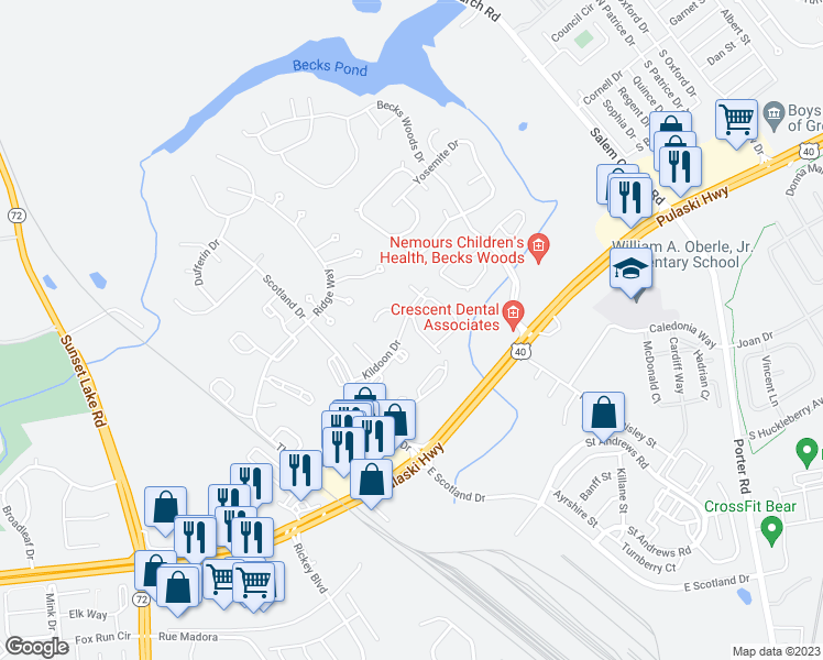 map of restaurants, bars, coffee shops, grocery stores, and more near 6 Ashkirk Place in Newark