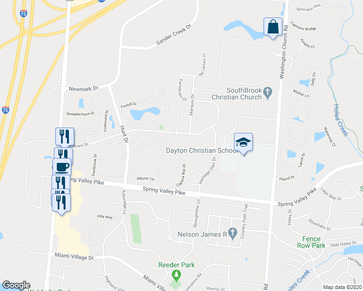 map of restaurants, bars, coffee shops, grocery stores, and more near 2433 Captiva Bay Drive in Miamisburg