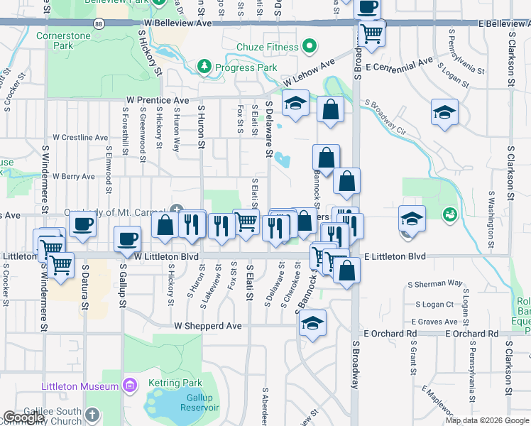 map of restaurants, bars, coffee shops, grocery stores, and more near 498 West Powers Avenue in Littleton