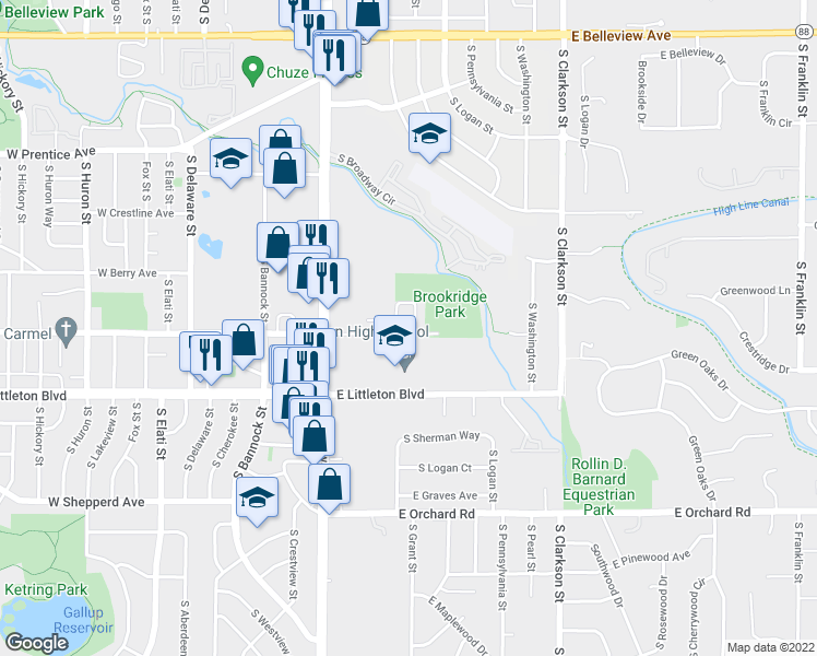 map of restaurants, bars, coffee shops, grocery stores, and more near 5560 South Sherman Street in Littleton