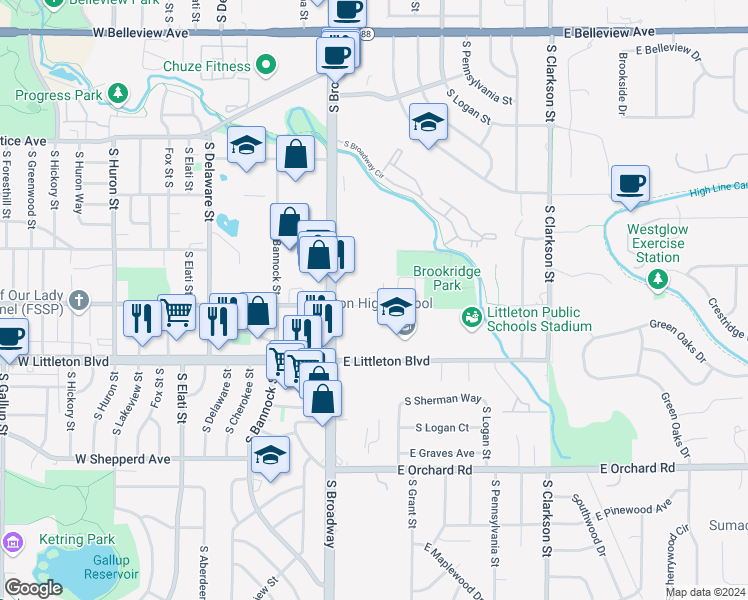 map of restaurants, bars, coffee shops, grocery stores, and more near 57 East Powers Avenue in Littleton