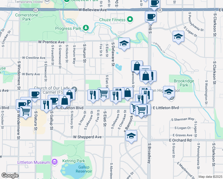 map of restaurants, bars, coffee shops, grocery stores, and more near 498 West Powers Avenue in Littleton