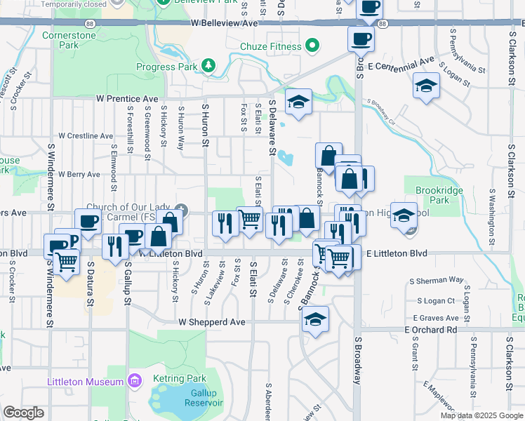 map of restaurants, bars, coffee shops, grocery stores, and more near 498 West Powers Avenue in Littleton