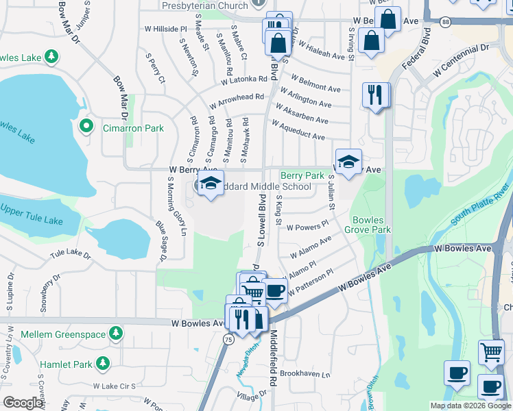 map of restaurants, bars, coffee shops, grocery stores, and more near 5671 South Lowell Boulevard in Littleton