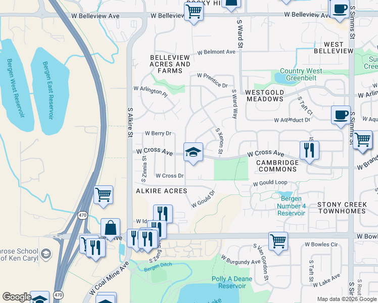 map of restaurants, bars, coffee shops, grocery stores, and more near 5590 South Youngfield Street in Littleton