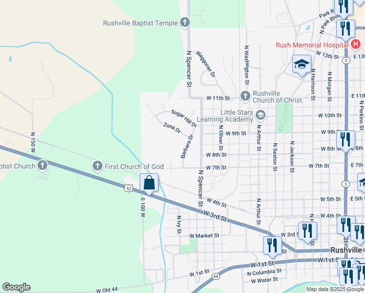 map of restaurants, bars, coffee shops, grocery stores, and more near 719 Barbara Drive in Rushville
