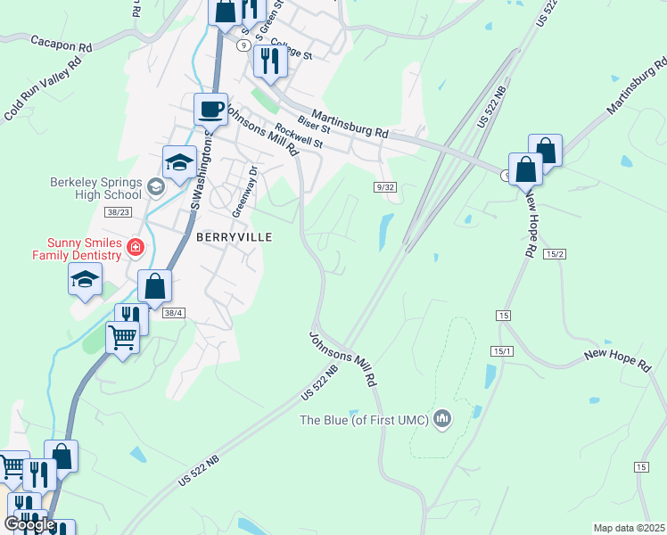 map of restaurants, bars, coffee shops, grocery stores, and more near 632 Johnsons Mill Road in Berkeley Springs