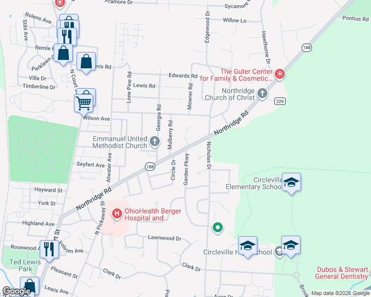 map of restaurants, bars, coffee shops, grocery stores, and more near Ohio 188 in Circleville