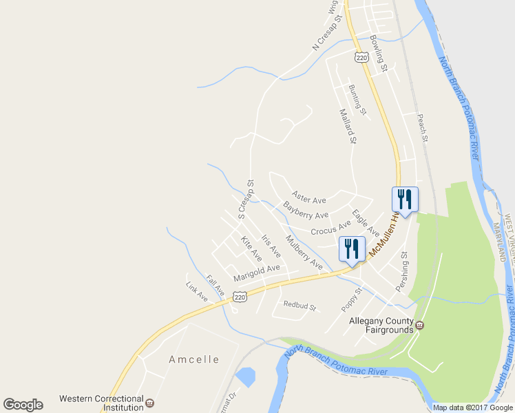 map of restaurants, bars, coffee shops, grocery stores, and more near 12017 Mulberry Avenue in Cumberland
