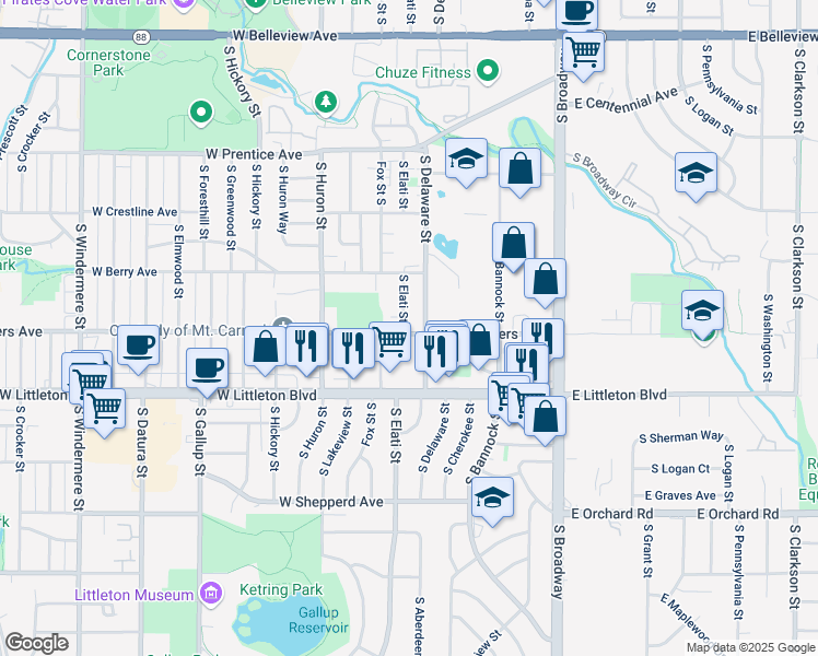 map of restaurants, bars, coffee shops, grocery stores, and more near 498 West Powers Avenue in Littleton