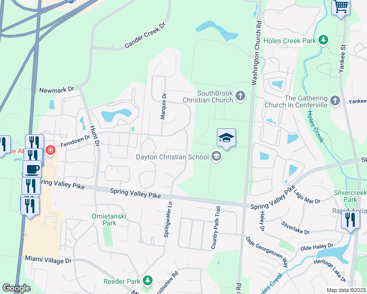 map of restaurants, bars, coffee shops, grocery stores, and more near 2320 Promenade Way in Miamisburg