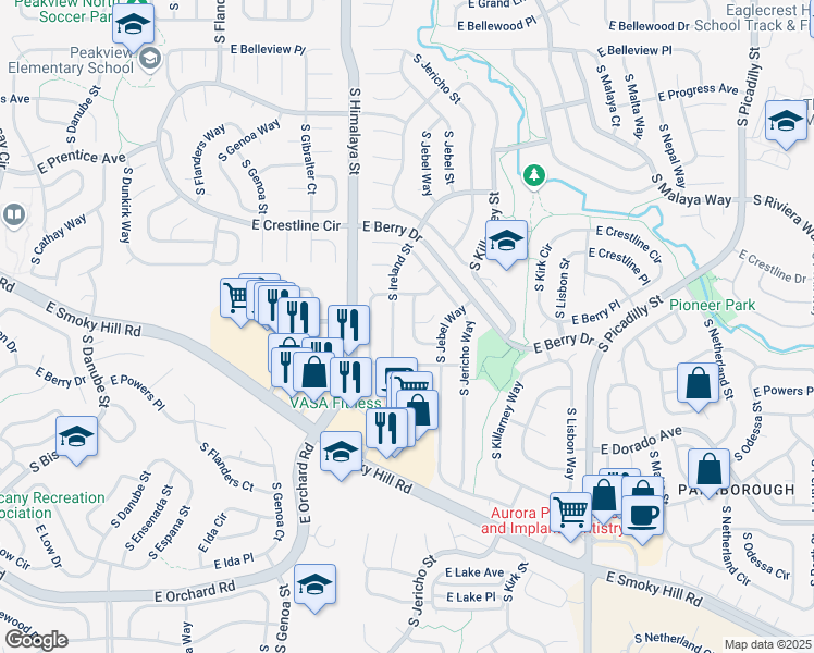 map of restaurants, bars, coffee shops, grocery stores, and more near 5596 South Ireland Street in Centennial