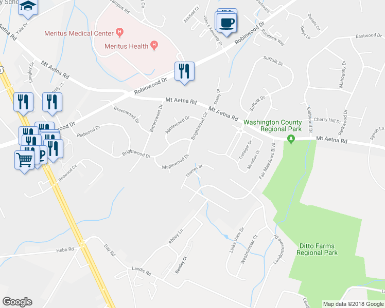 map of restaurants, bars, coffee shops, grocery stores, and more near 1927 Maplewood Drive in Hagerstown