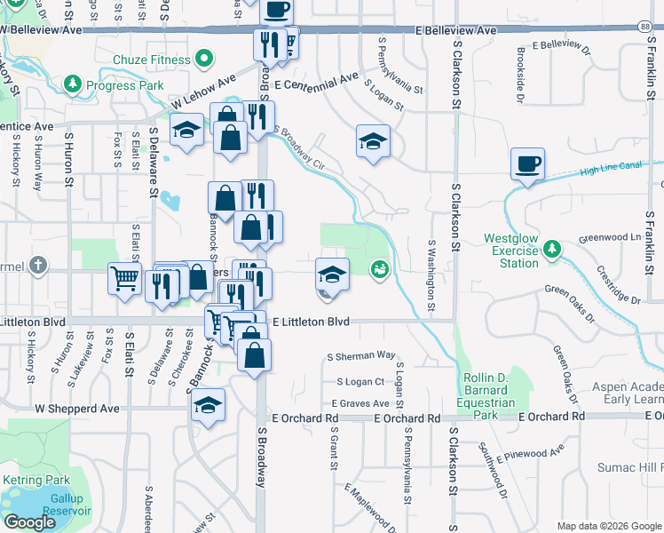 map of restaurants, bars, coffee shops, grocery stores, and more near 5560 South Sherman Street in Littleton