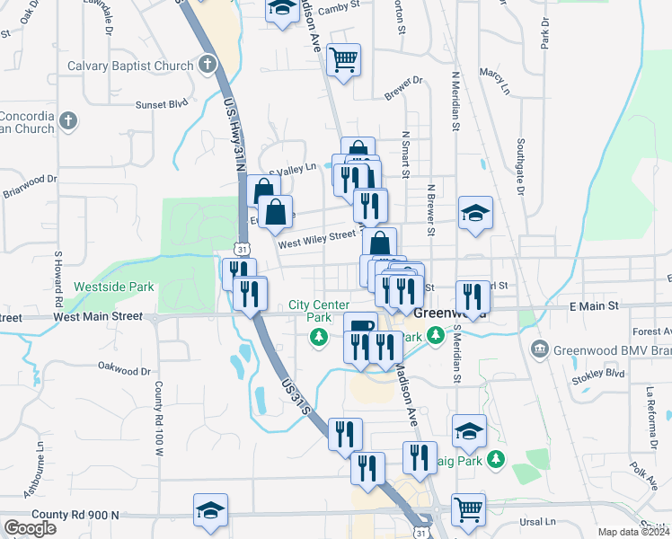 map of restaurants, bars, coffee shops, grocery stores, and more near 379 West Broadway Street in Greenwood