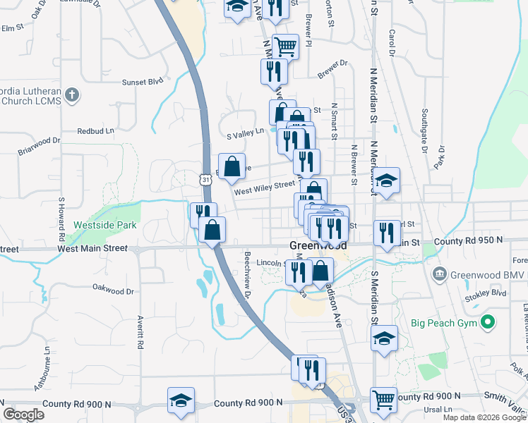 map of restaurants, bars, coffee shops, grocery stores, and more near 421 West Broadway Street in Greenwood
