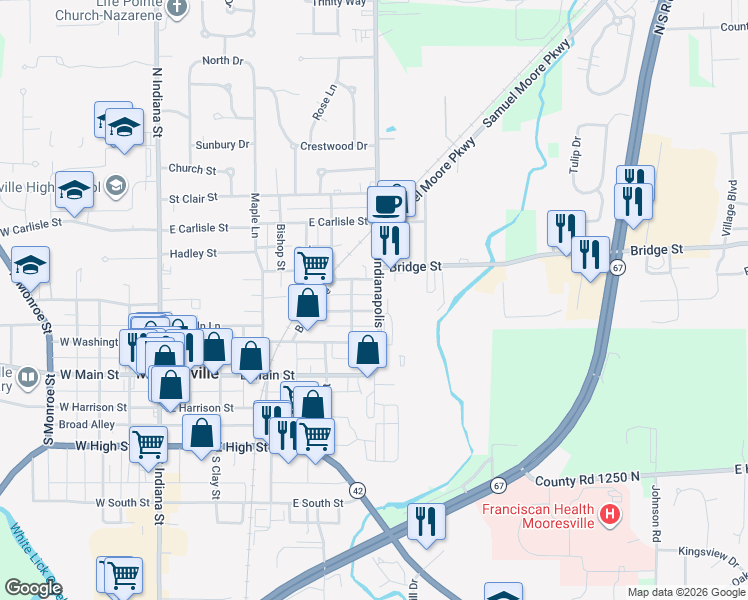 map of restaurants, bars, coffee shops, grocery stores, and more near 370 Northeast Street in Mooresville
