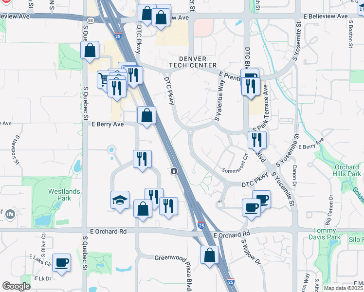 map of restaurants, bars, coffee shops, grocery stores, and more near 5575 DTC Parkway in Greenwood Village