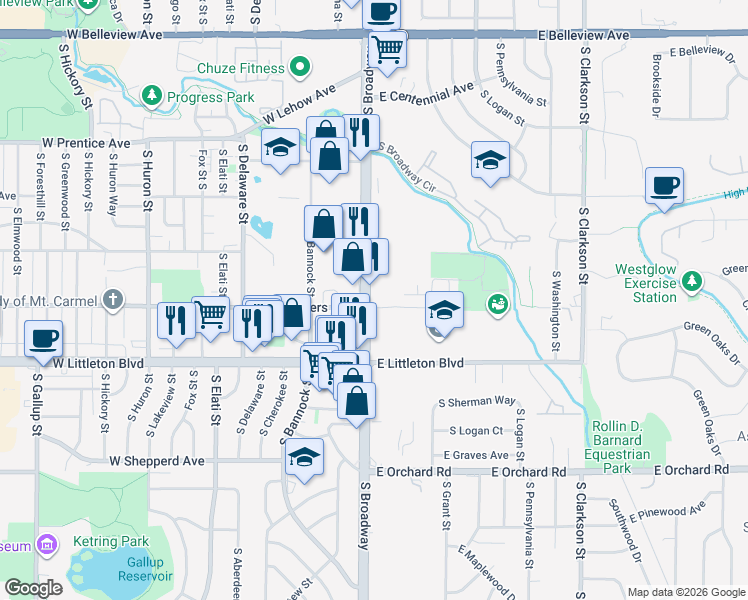 map of restaurants, bars, coffee shops, grocery stores, and more near 5601 East Powers Avenue in Littleton
