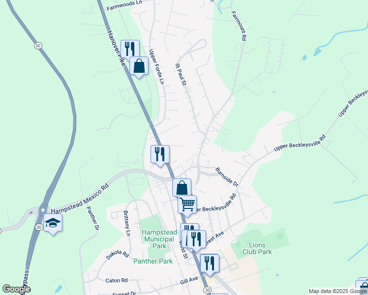 map of restaurants, bars, coffee shops, grocery stores, and more near 1427 North Main Street in Hampstead