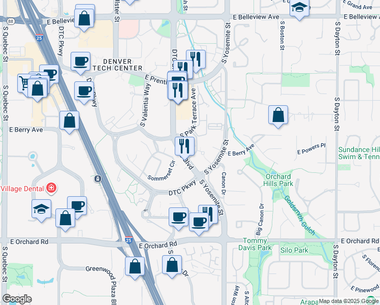 map of restaurants, bars, coffee shops, grocery stores, and more near 5677 Park Place Avenue in Greenwood Village