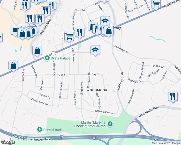 map of restaurants, bars, coffee shops, grocery stores, and more near 17532 Gay Street in Hagerstown