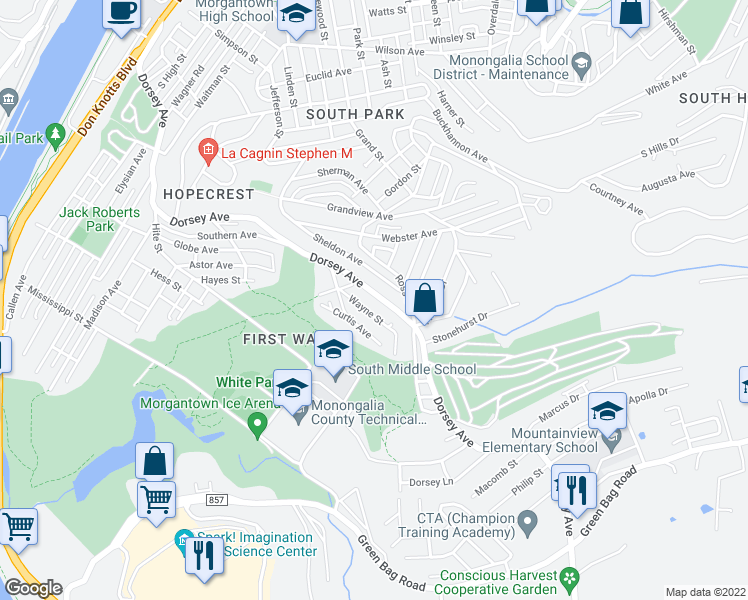 map of restaurants, bars, coffee shops, grocery stores, and more near 1036 Dorsey Avenue in Morgantown