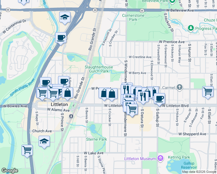 map of restaurants, bars, coffee shops, grocery stores, and more near 5606 South Crocker Street in Littleton