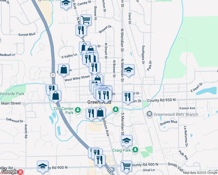 map of restaurants, bars, coffee shops, grocery stores, and more near 56 South Smart Street in Greenwood